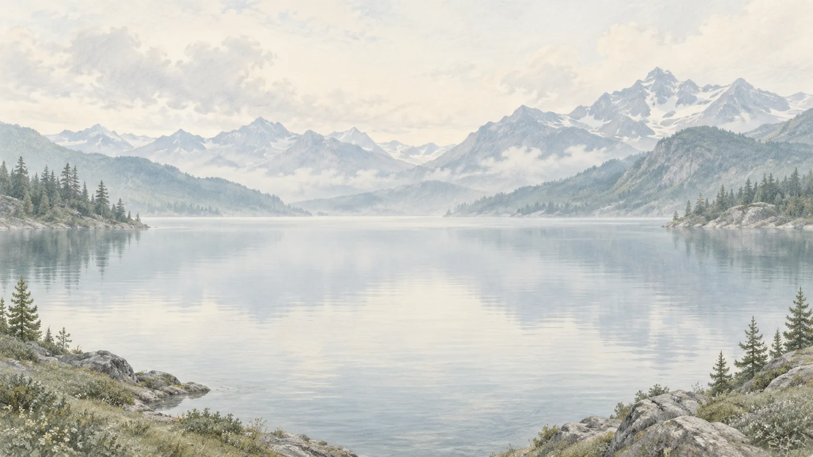 A quiet alpine lake and softly sketched mountains